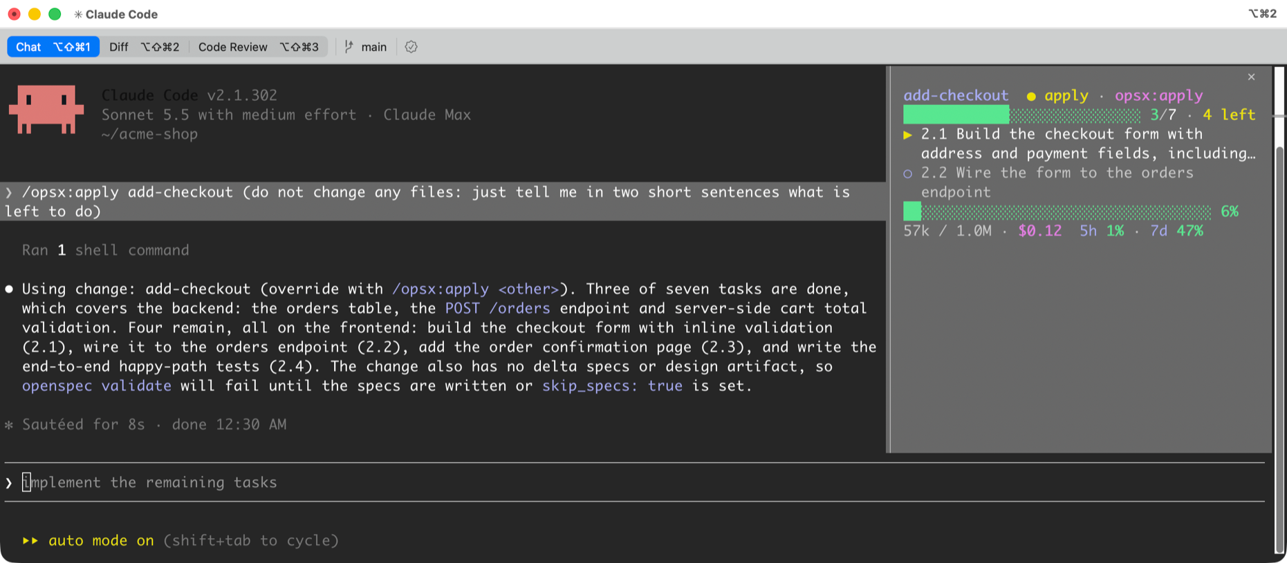openspec-hud docked as a side panel next to the Claude Code transcript, showing the flow step, task progress, context and usage